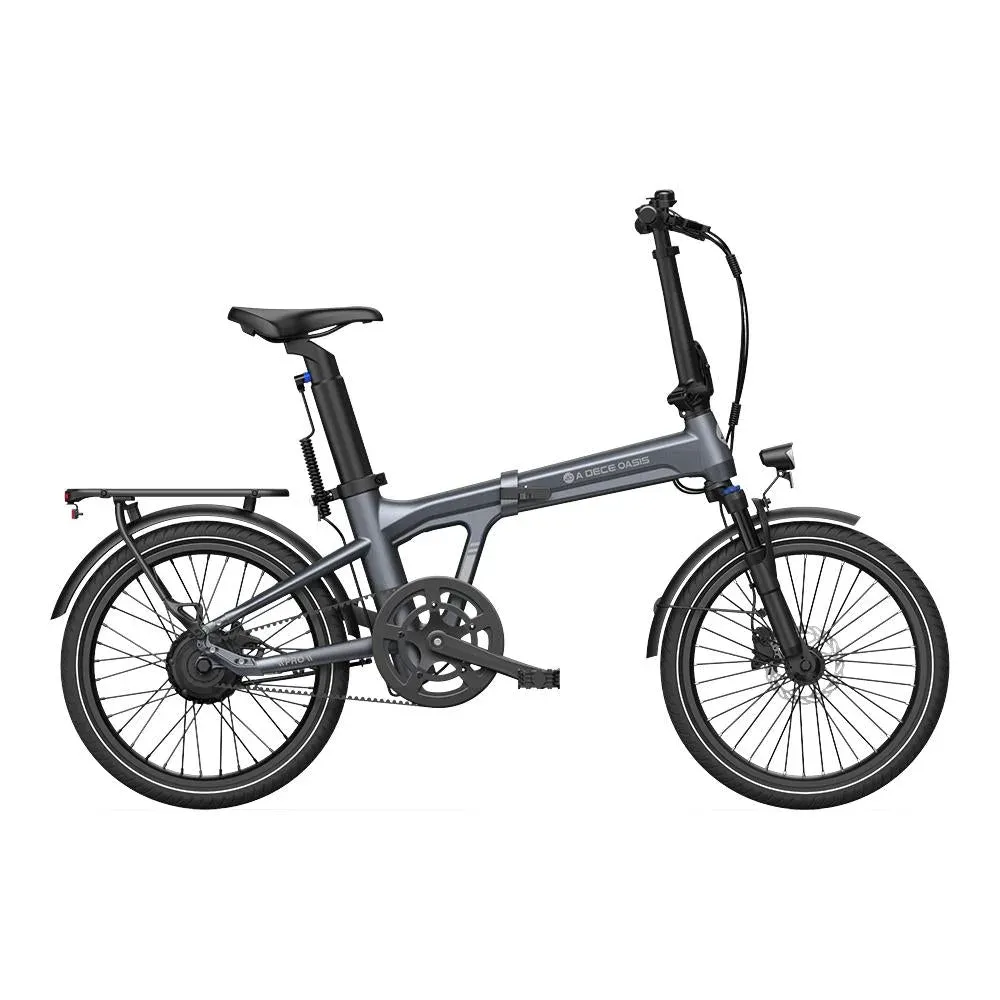 ADO Air 20 Pro gris déplié, vu de profil, avec porte-bagages et garde-boue