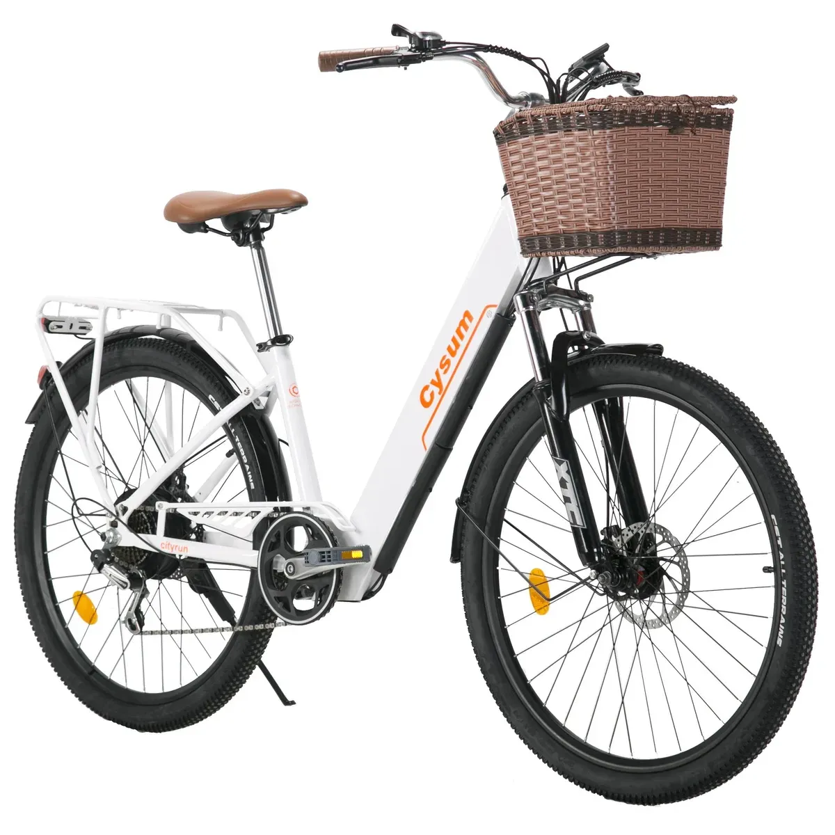 Cysum Cityrun blanc vu de profil, avec panier en osier à l'avant et porte-bagages arrière