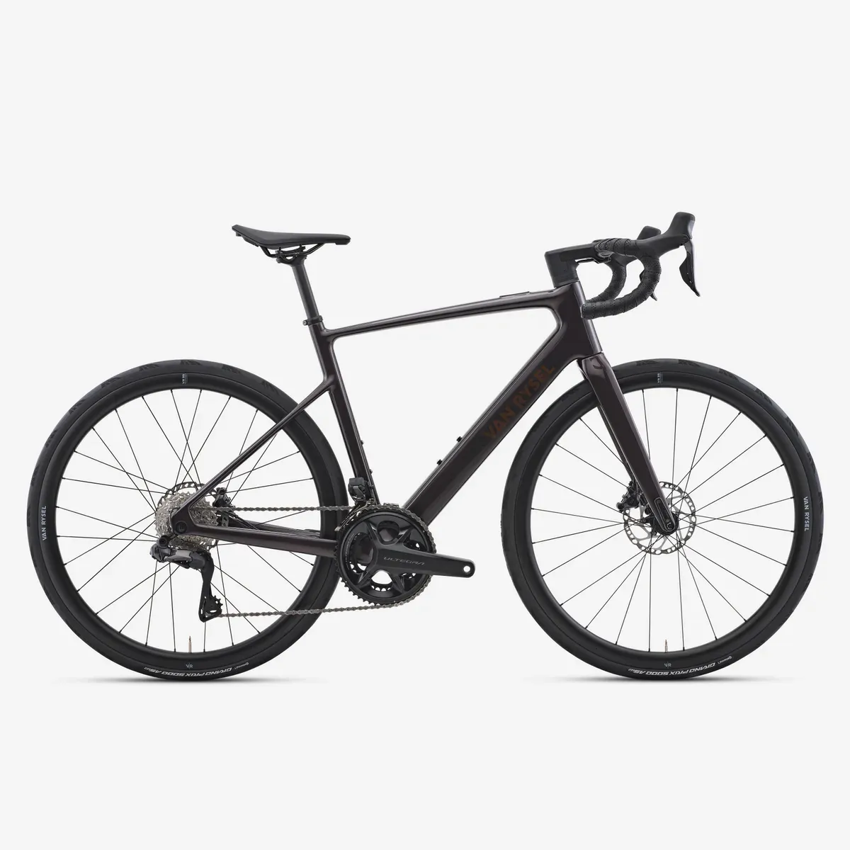 Vélo de route électrique Decathlon E-EDR CF Ultegra Di2 marron, de profil