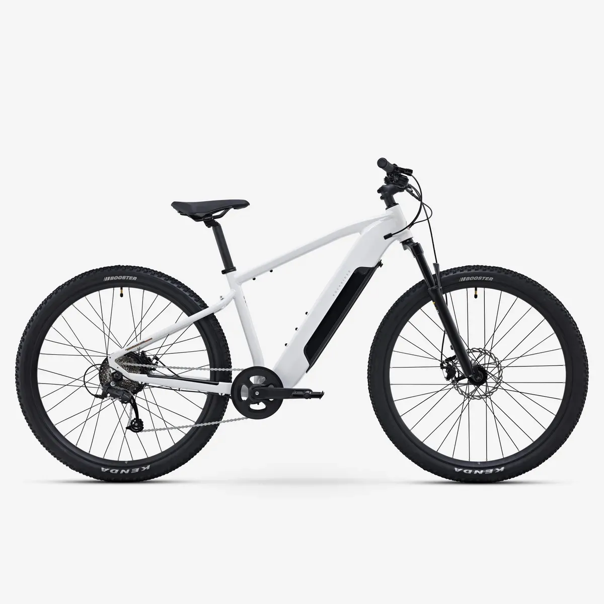 VTT électrique semi-rigide Decathlon Rockrider E-EXPL 100 blanc, roues de 29 pouces et pneus Kenda, vu de profil