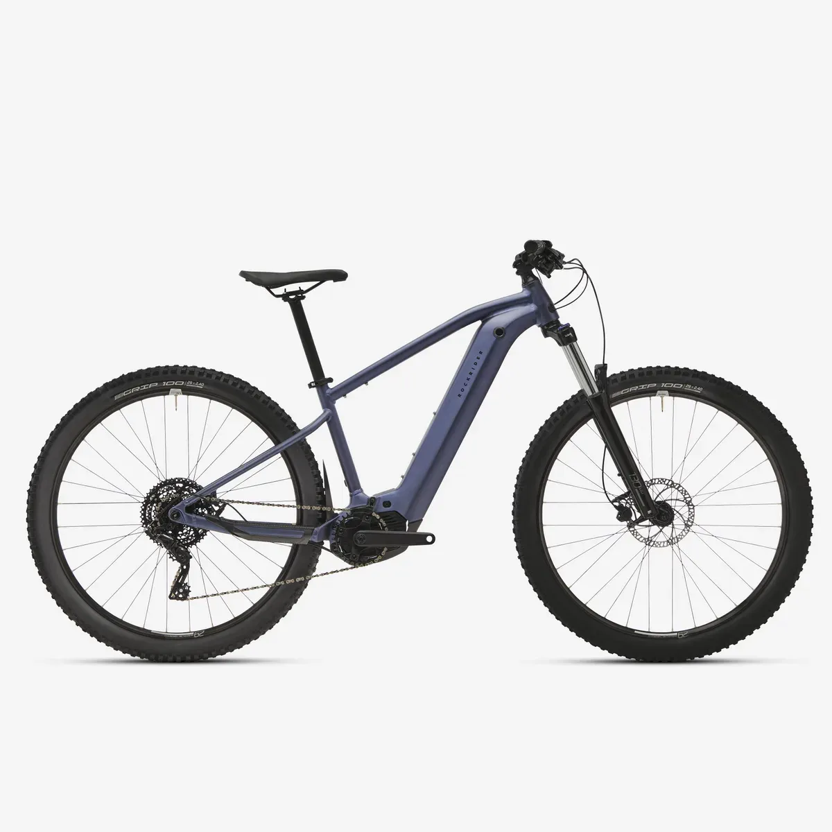 VTT électrique semi-rigide Decathlon E-EXPL 520 bleu, vu de profil, batterie intégrée au tube diagonal