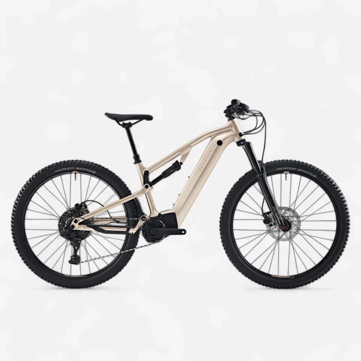 VTT électrique tout suspendu Decathlon E-EXPL 520 S, coloris sable, roues de 29 pouces
