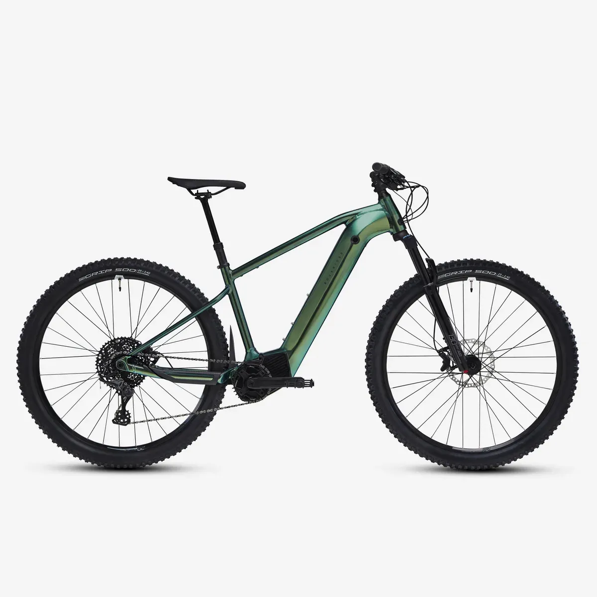 VTT électrique semi-rigide Decathlon E-EXPL 700 vert irisé, vu de profil