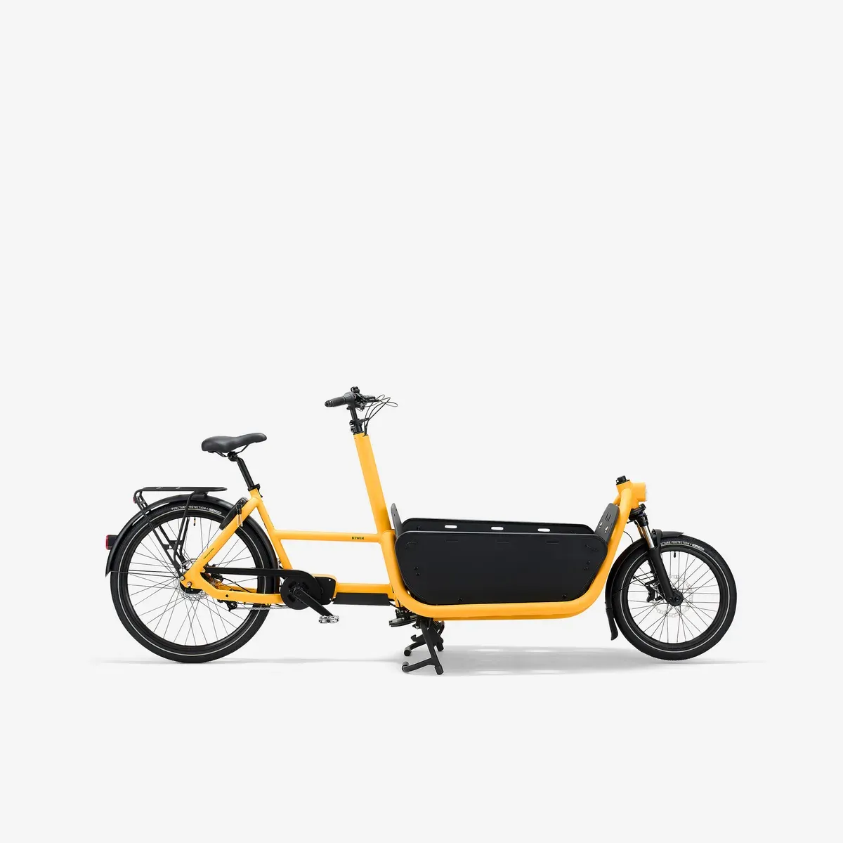 Decathlon F900E BOX jaune tournesol, caisse avant noire, vu de trois quarts