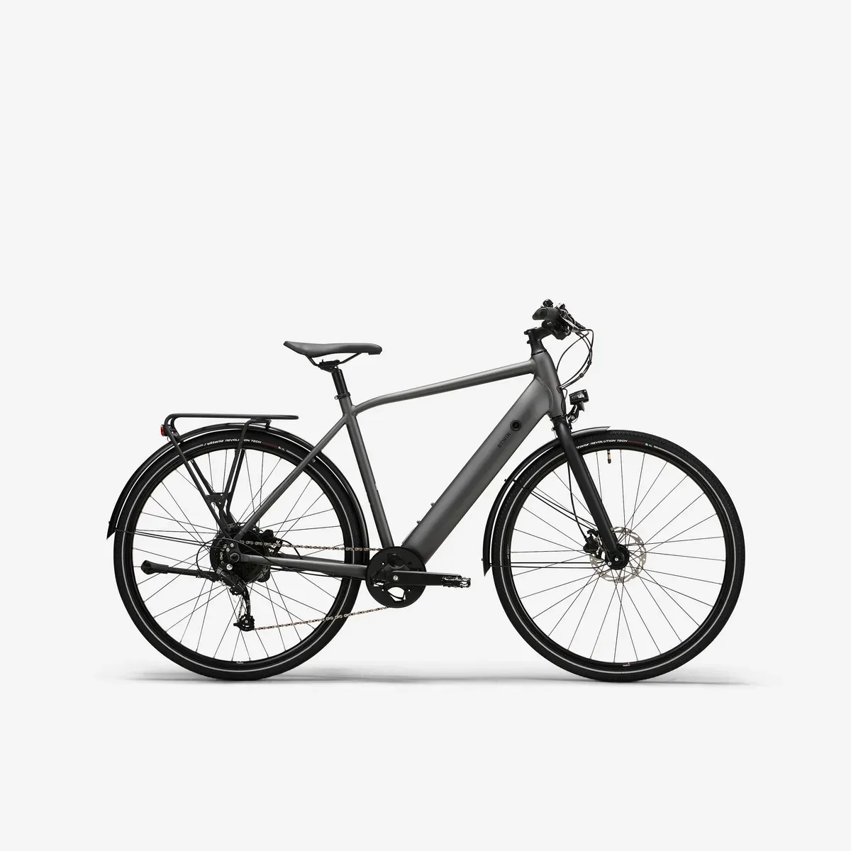 Vélo de ville électrique Decathlon Elops LD 500 E à cadre haut, coloris gris charbon