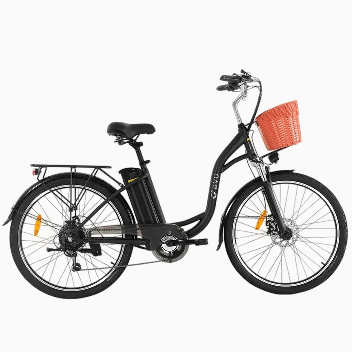 DYU C6 noir vu de profil, avec panier avant orange et porte-bagages arrière