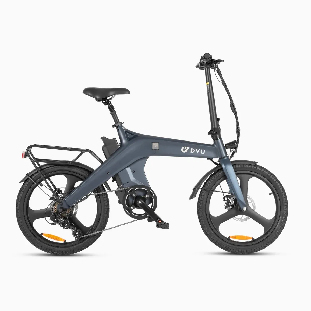 DYU T1 gris acier déplié, vu de profil, avec porte-bagages, roues à trois bâtons et moteur dans le moyeu arrière