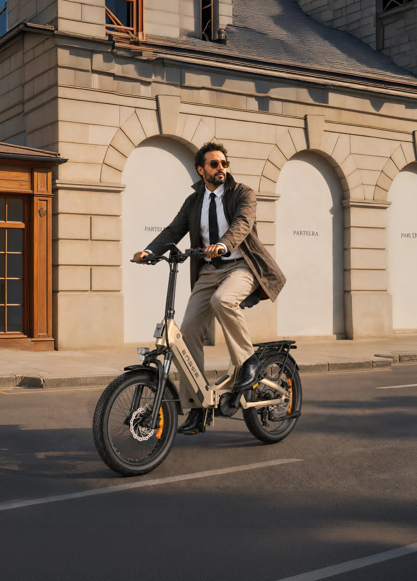 Homme en costume roulant sur un Engwe L20 3.0 Pro beige dans une rue pavée