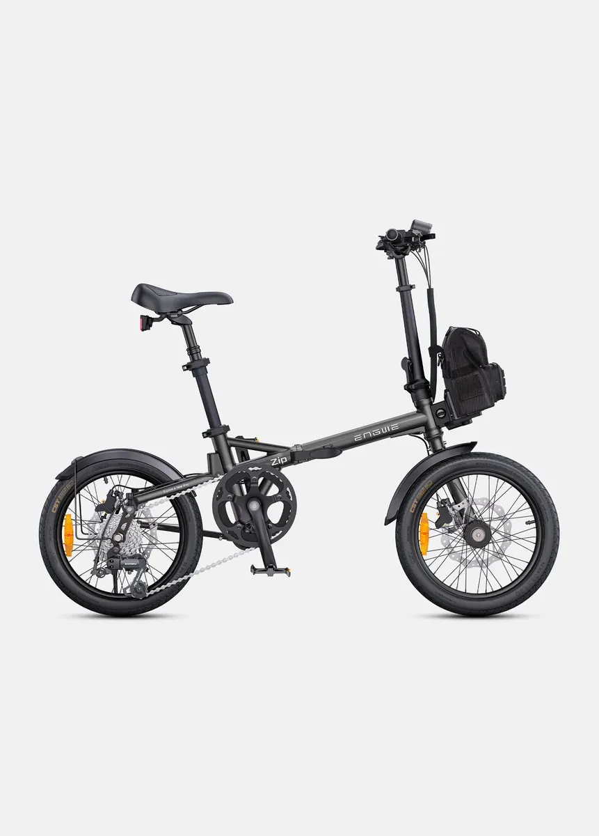 Vélo pliant électrique Engwe Zip gris déplié, vu de profil, avec sa sacoche de batterie sur la potence