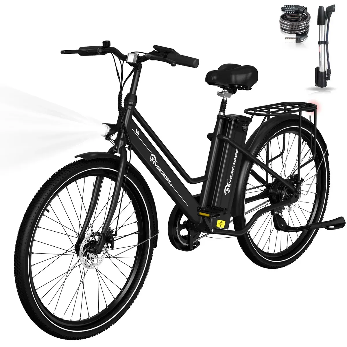 Evercross EK8 noir à cadre ouvert, batterie derrière le tube de selle et porte-bagages arrière, avec son antivol et sa pompe