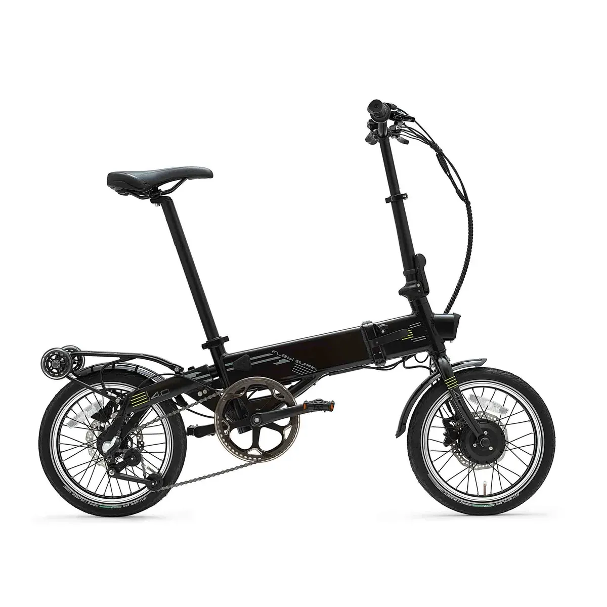 Flebi Supra 4.0 noir et vert lime déplié, vu de profil, moteur dans le moyeu avant