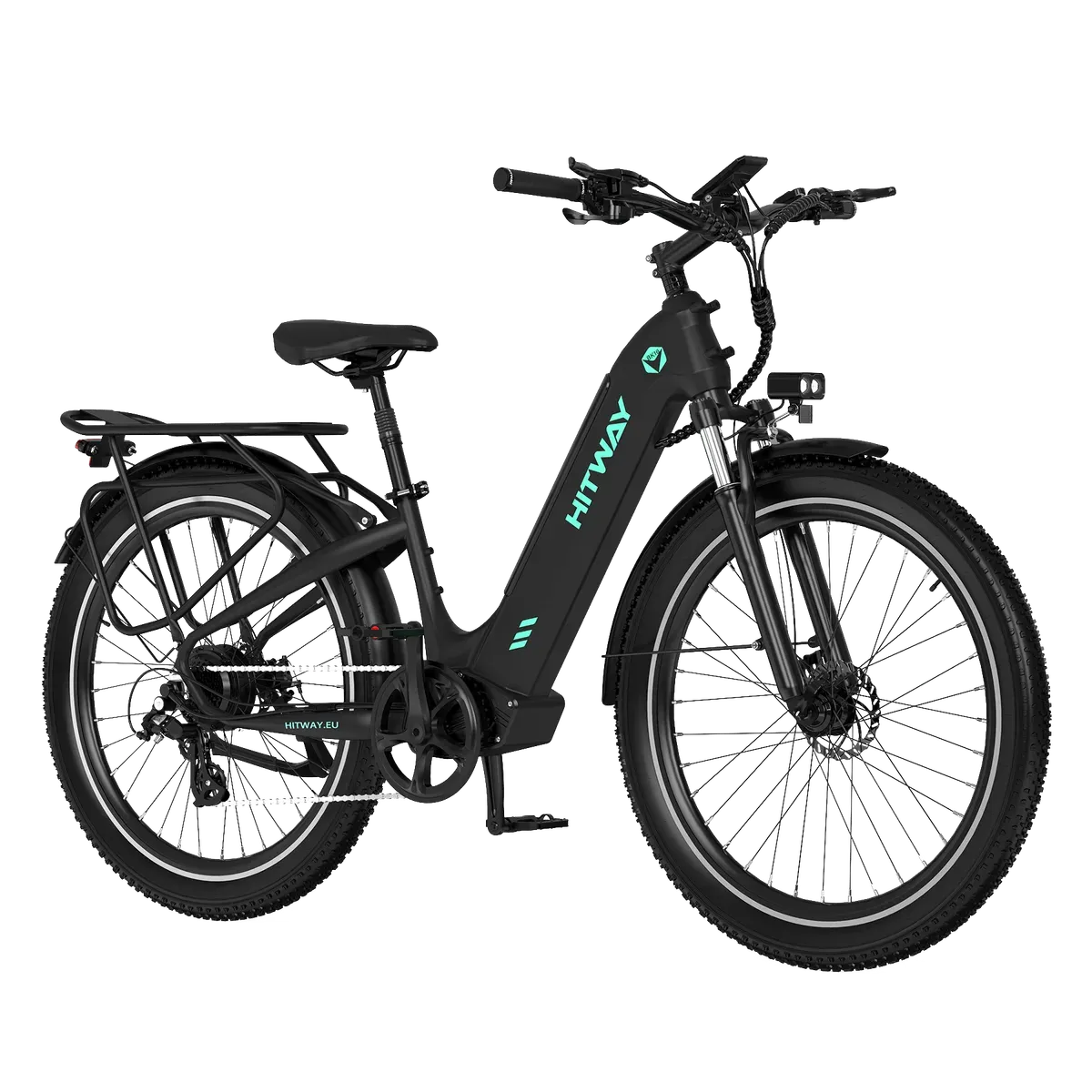 Vélo électrique Hitway City Cruiser 26 noir à cadre ouvert, vu de trois quarts avant, avec porte-bagages et garde-boue