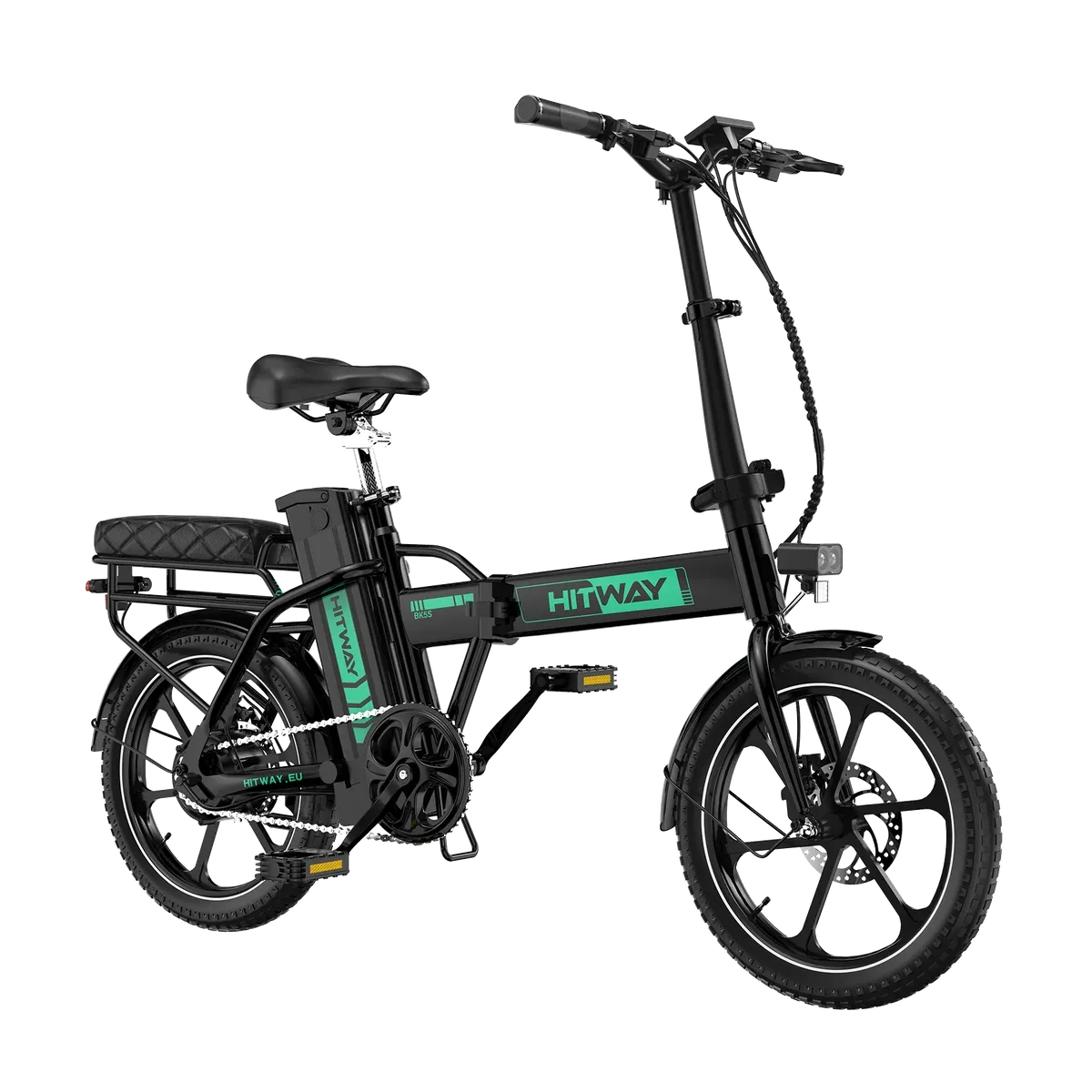 Hitway pliable 16 noir et vert de trois quarts, déplié, avec porte-bagages et roues à bâtons