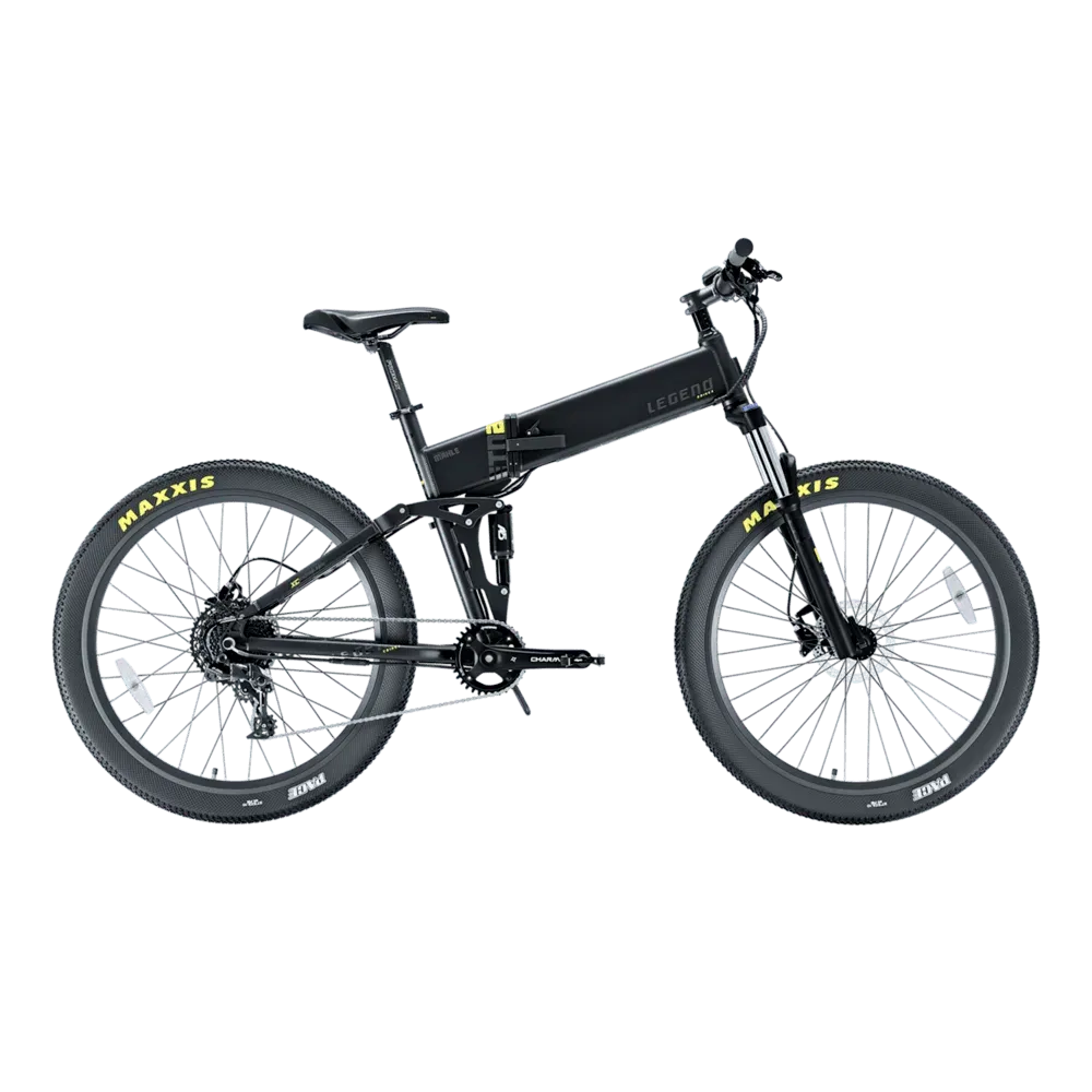 Legend Etna noir déplié, vu de profil, avec fourche RockShox, amortisseur arrière et pneus Maxxis