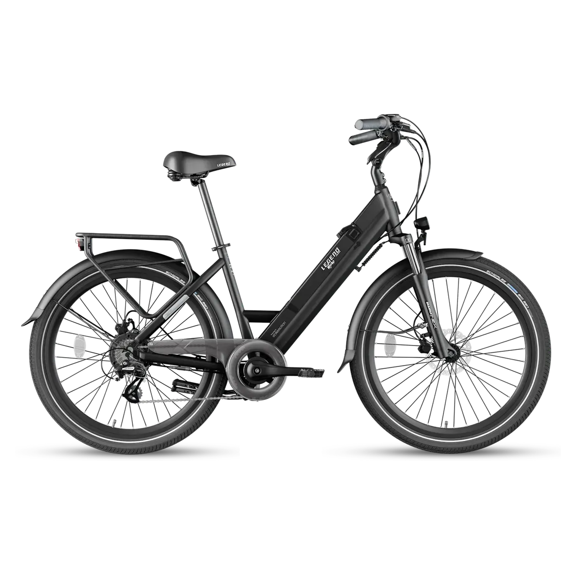 Legend Milano noir onyx vu de profil, cadre ouvert, porte-bagages arrière et fourche suspendue