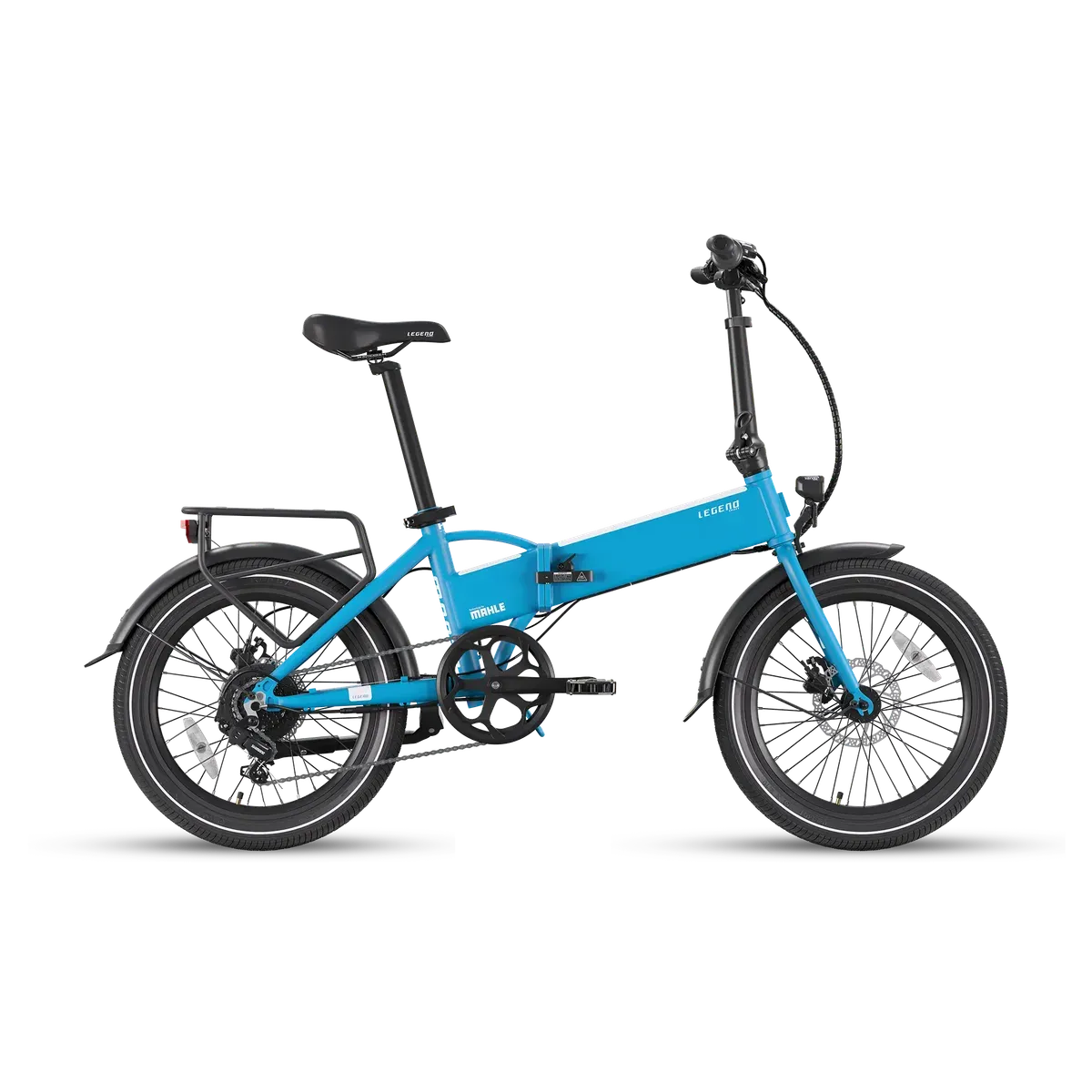 Vélo électrique pliant Legend Monza bleu, cadre en aluminium et roues de 20 pouces, vu de profil avec son porte-bagages