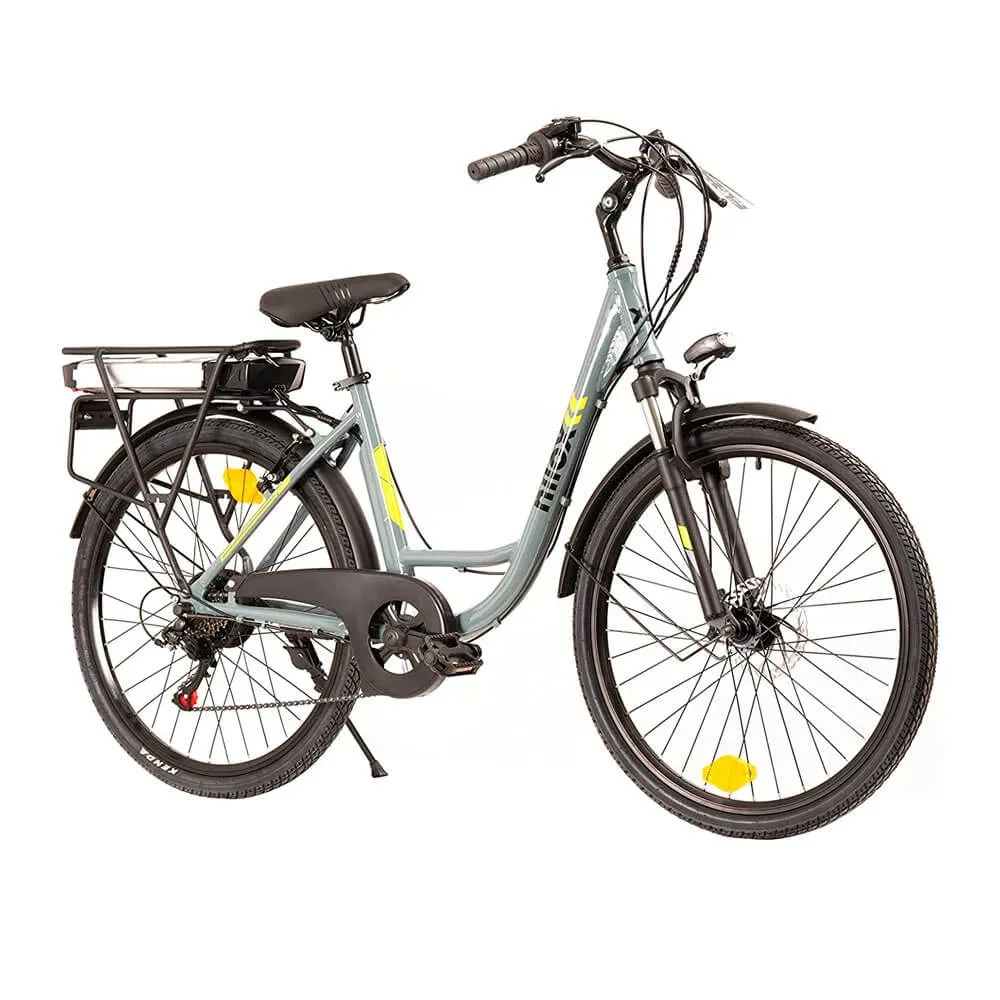 Nilox X7 F gris à cadre bas, vu de trois quarts, batterie sous le porte-bagages et frein à disque avant