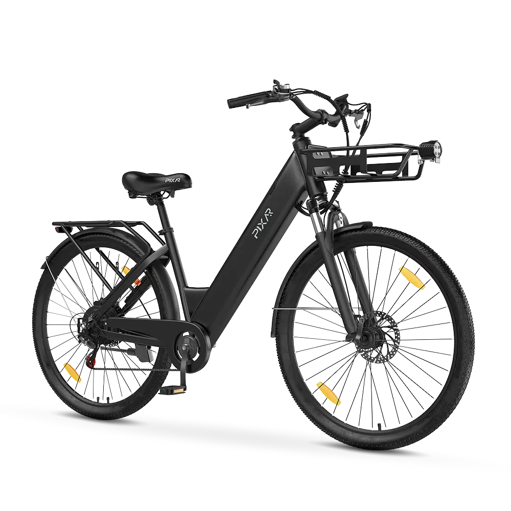 Vélo électrique PIXAR C1 noir à cadre bas, panier avant et porte-bagages, vu de trois quarts