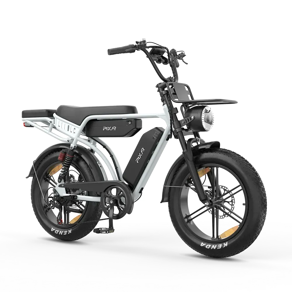 Fat bike électrique PIXAR M9 Retro gris, selle biplace et phare rond, vu de trois quarts avant