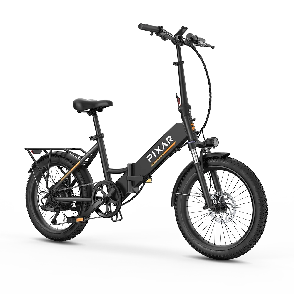 PIXAR Rusher noir, vélo pliant à cadre bas et gros pneus, avec porte-bagages et garde-boue
