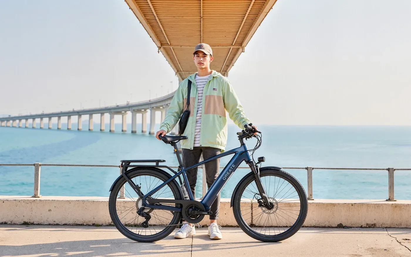 Un cycliste debout à côté du Qreate City Pro-A bleu, sur une digue au bord de la mer