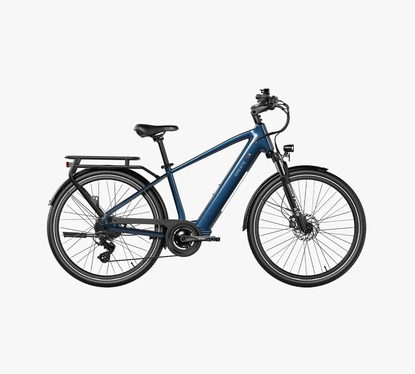 Qreate City Pro-A bleu à cadre haut, vu de profil, avec porte-bagages, garde-boue et fourche suspendue