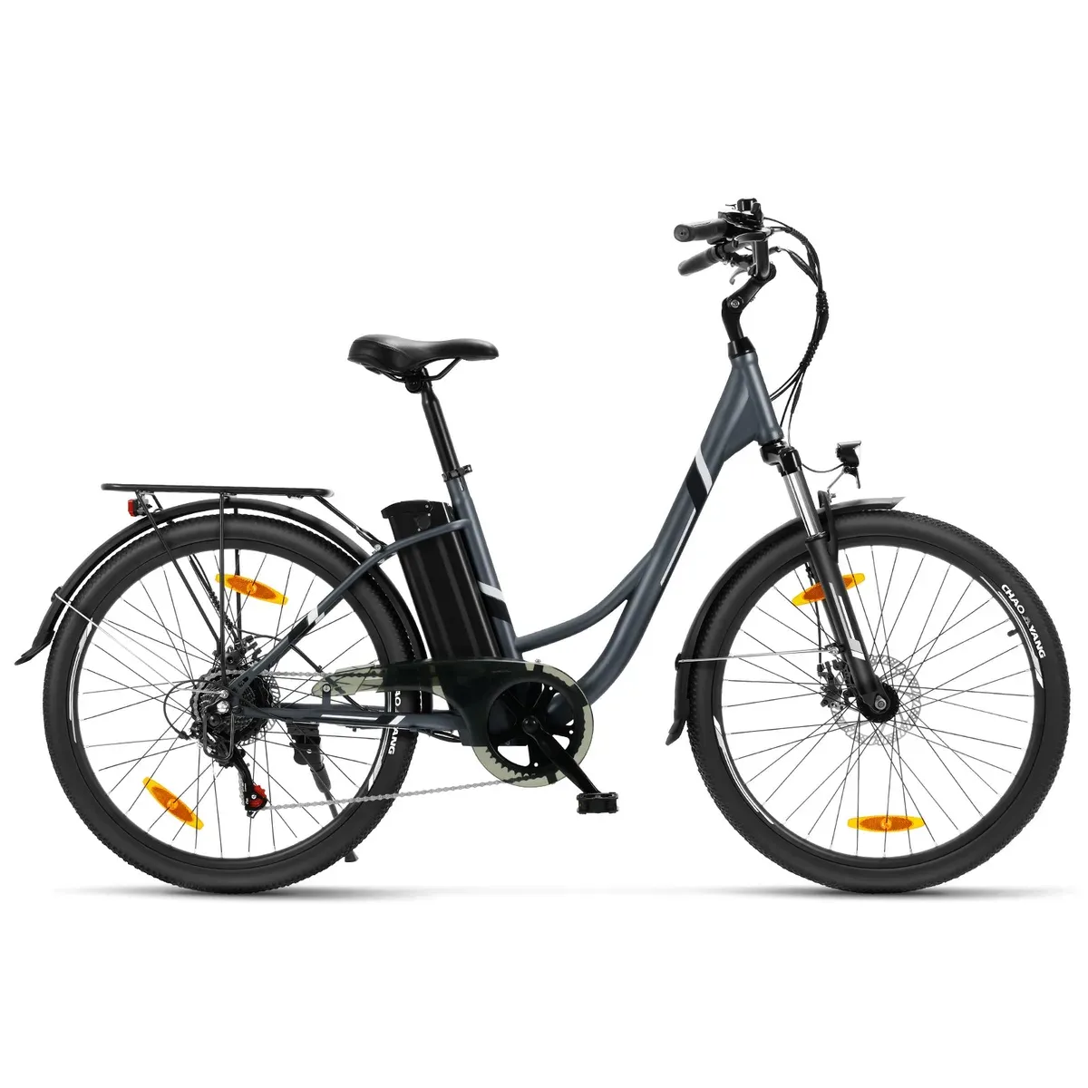 Touroll B1 gris vu de profil, cadre bas, batterie derrière le tube de selle et porte-bagages arrière