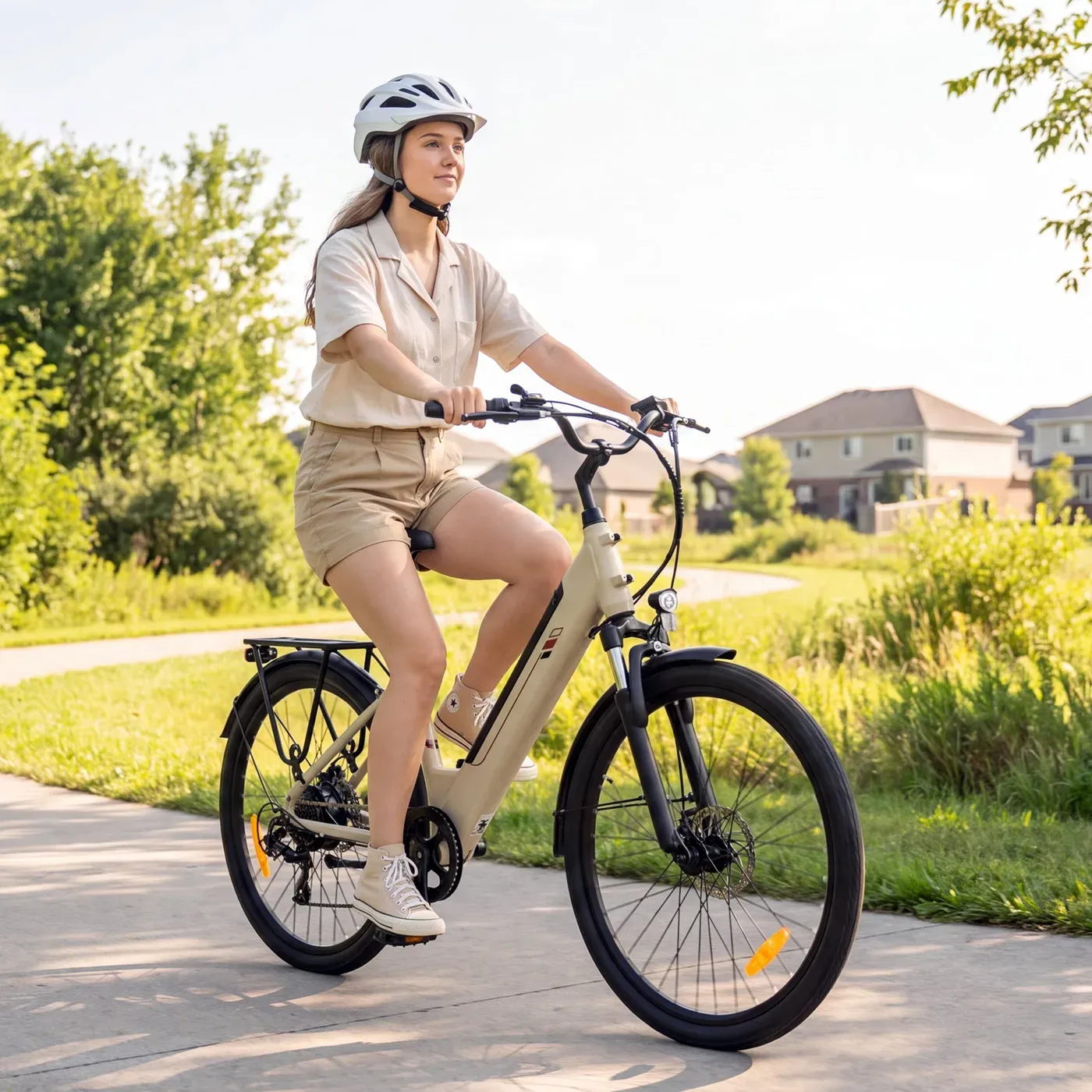 Une cycliste casquée roule sur une piste cyclable avec le Touroll J2 ST couleur sable