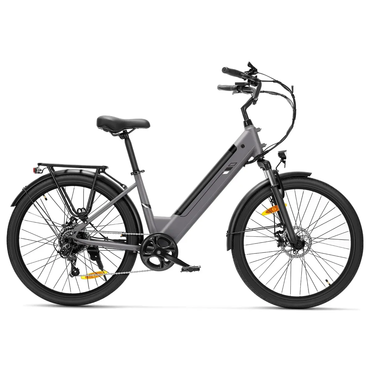 Touroll J2 ST gris vu de profil, cadre ouvert, porte-bagages arrière et fourche suspendue