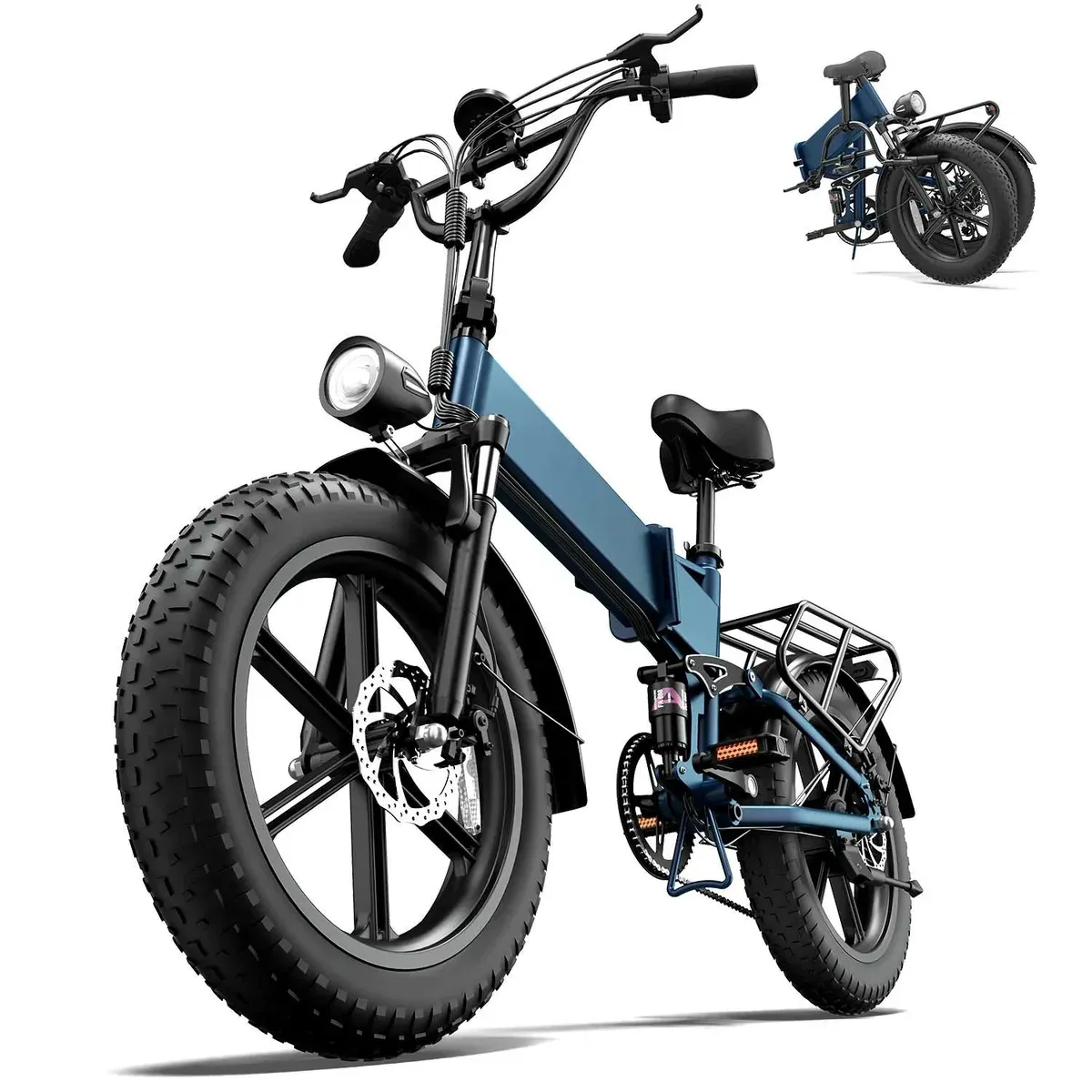 Urlife T5 bleu déplié, pneus de 20 × 4 pouces, suspension arrière et porte-bagages, avec le vélo plié en médaillon