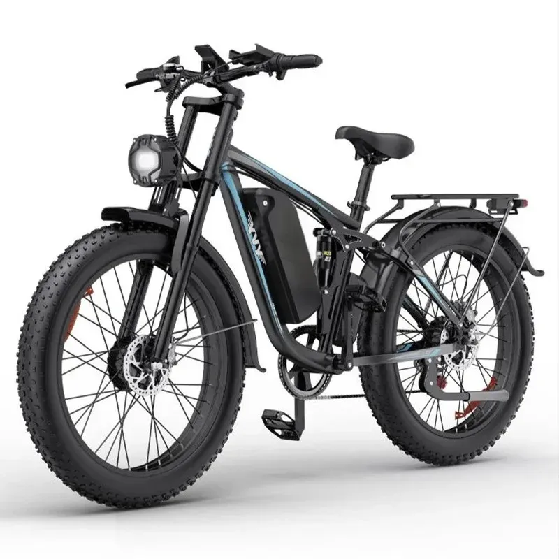 Le YVY C26 Pro noir, fat bike tout suspendu à pneus de 4 pouces avec porte-bagages et garde-boue