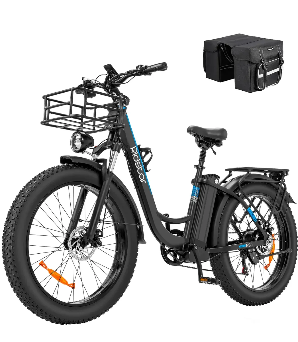Fat bike électrique YVY MN26 noir à cadre ouvert, avec panier avant, porte-bagages et sacoches doubles